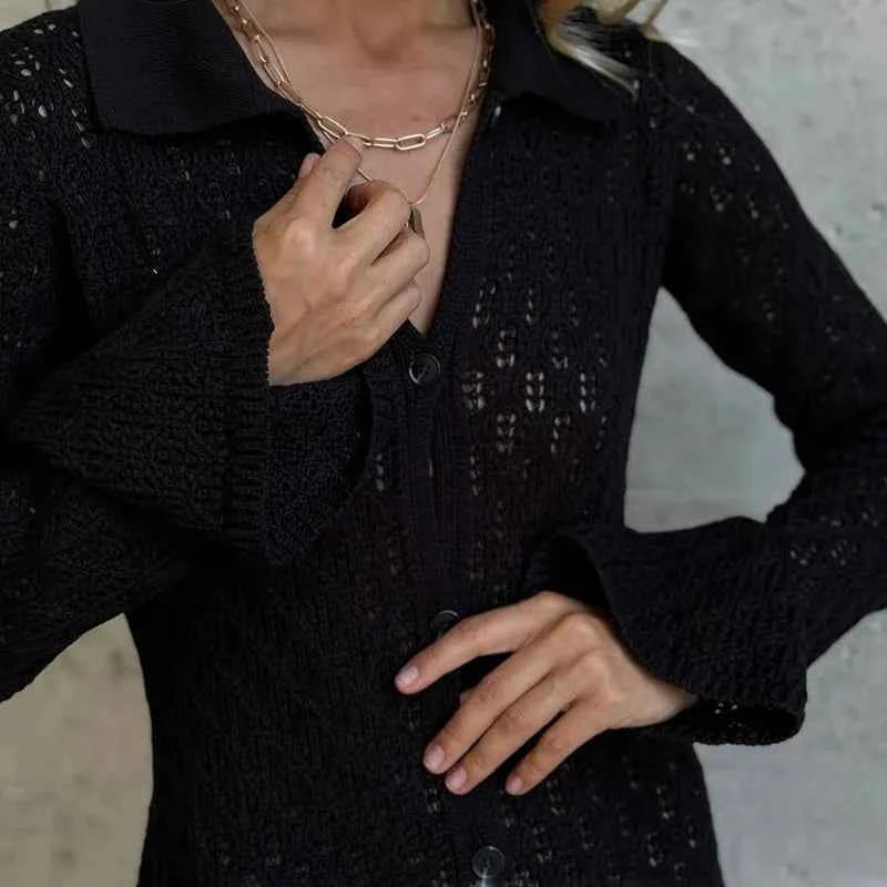 Knit Long Dress Solid Hollow Single Breasted Cardigan Dress