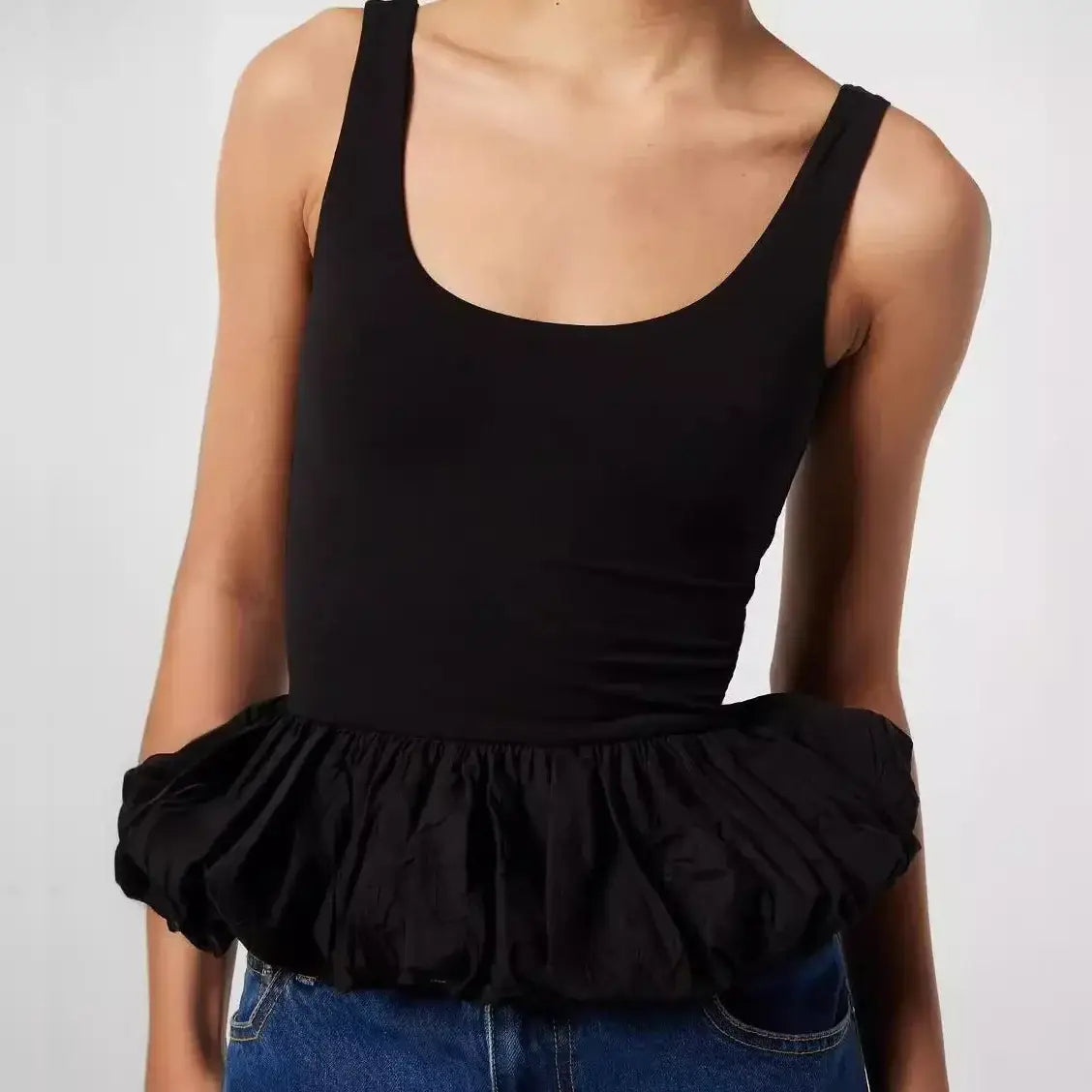 Black Ruffled Patchwork Tank Top