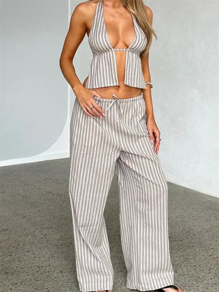 Women Pants Outfits Striped/Solid Halter Tie-Up Backless Tank Tops Wide-Leg 2 Pieces Set