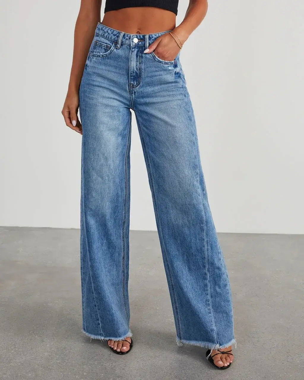 Women’s Loose Wide Leg Side Seam Stitching Frayed Hem Jeans