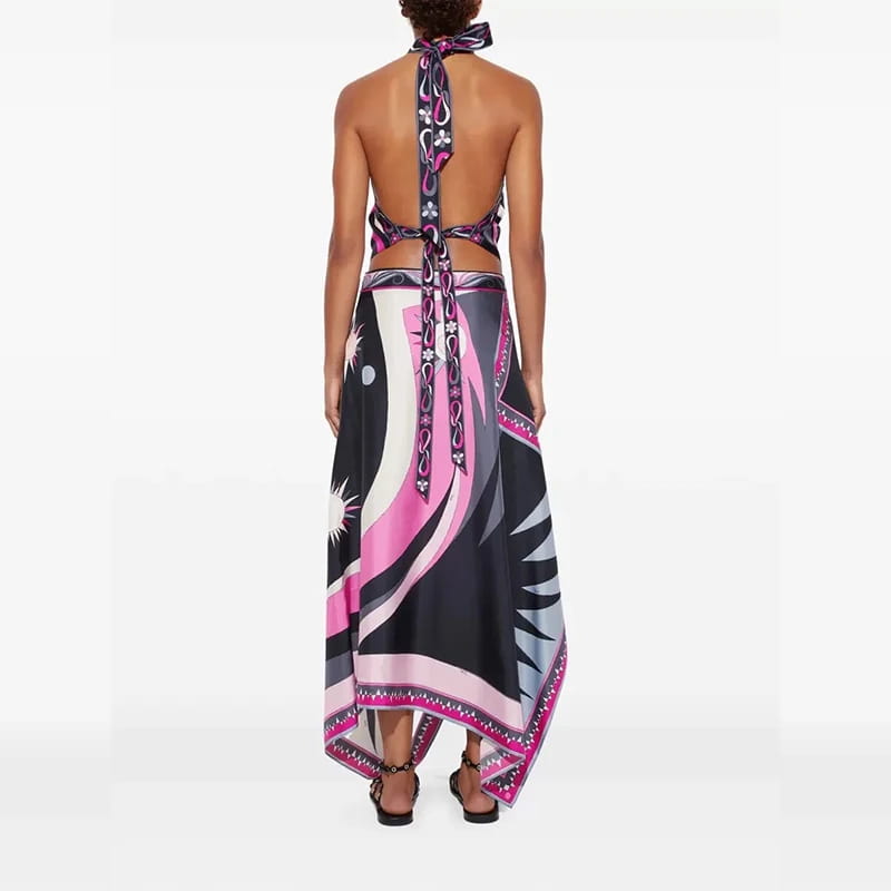 Vintage Lace Up Backless Halter Tops&Irregular Half Skirt 2 Piece