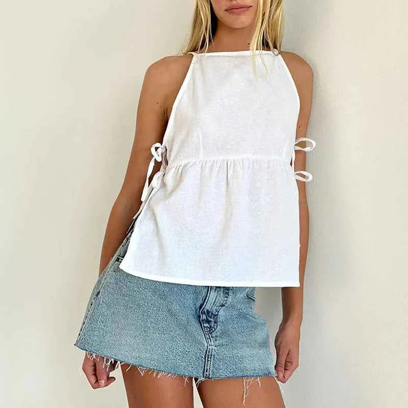 Tank Tops Clothes Women Round Neck Sleeveless Backless T Shirts