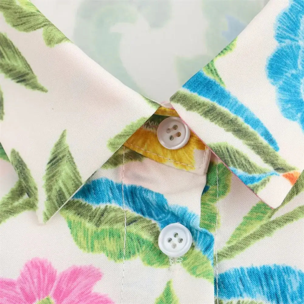 Women’s Simple and Elegant Flip Collar Printed Shirt Mid Waist Straight Leg Pants Casual Set