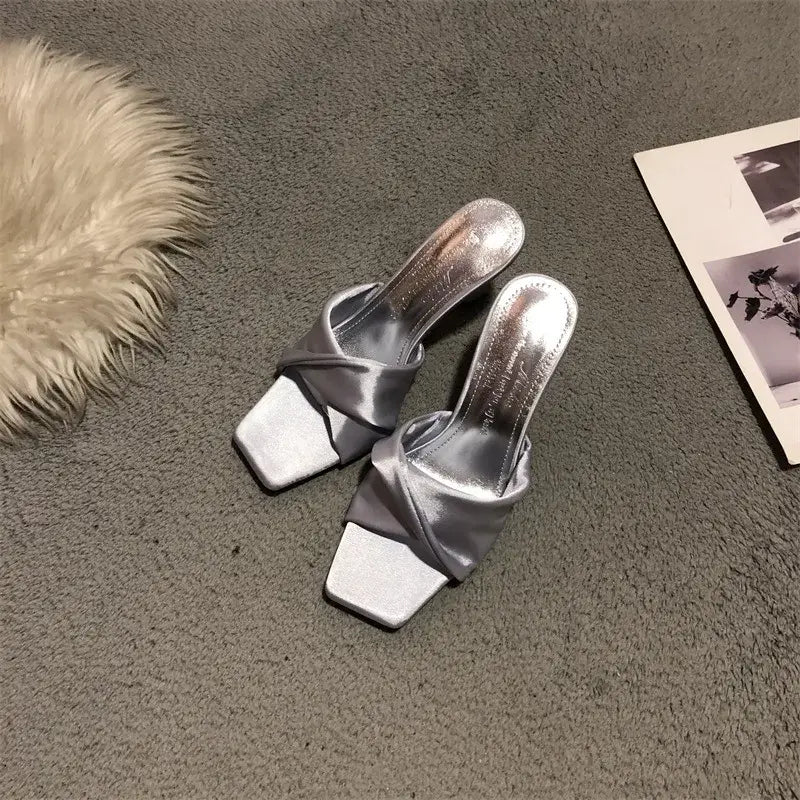 Satin Slippers Women Square Toe High Heels
