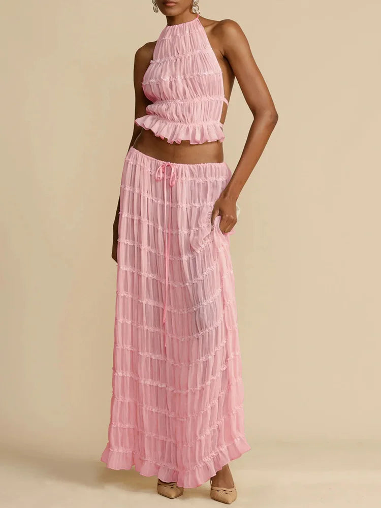 Summer Loungewear Suits Halter Short Top Maxi Skirt