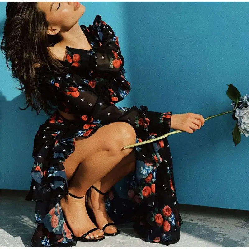 Printed Shirt Ruffles Split Skirt Sets Women