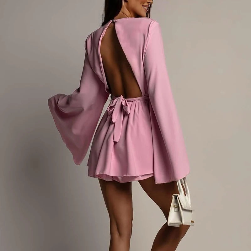 Flare Sleeve Backless Hollow Bow Dress