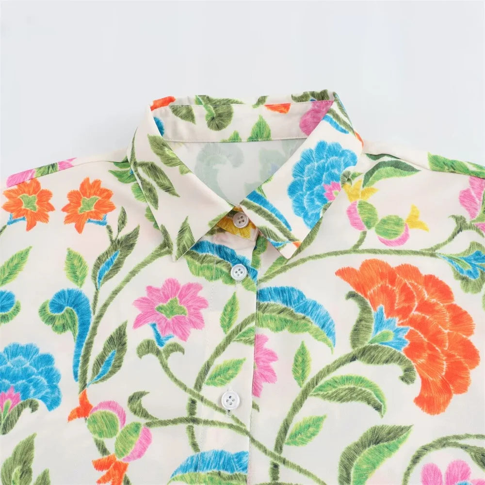 Women’s Simple and Elegant Flip Collar Printed Shirt Mid Waist Straight Leg Pants Casual Set