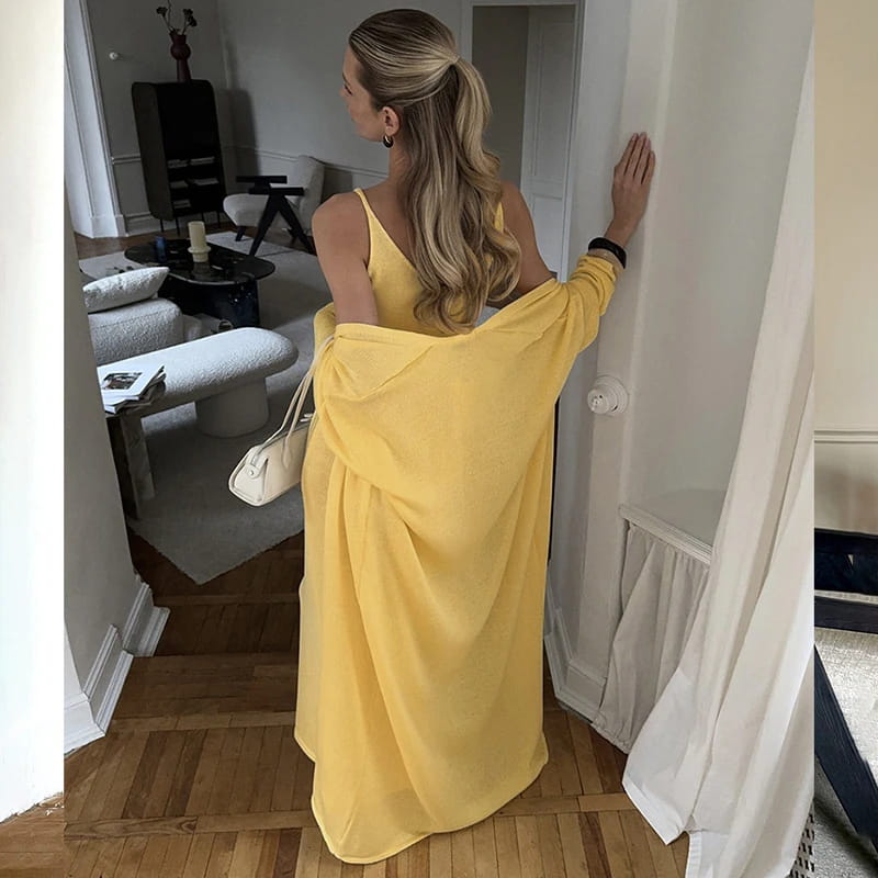 Women Long Dress Three Piece Solid Knit Halter Sleeve Cardigan Set