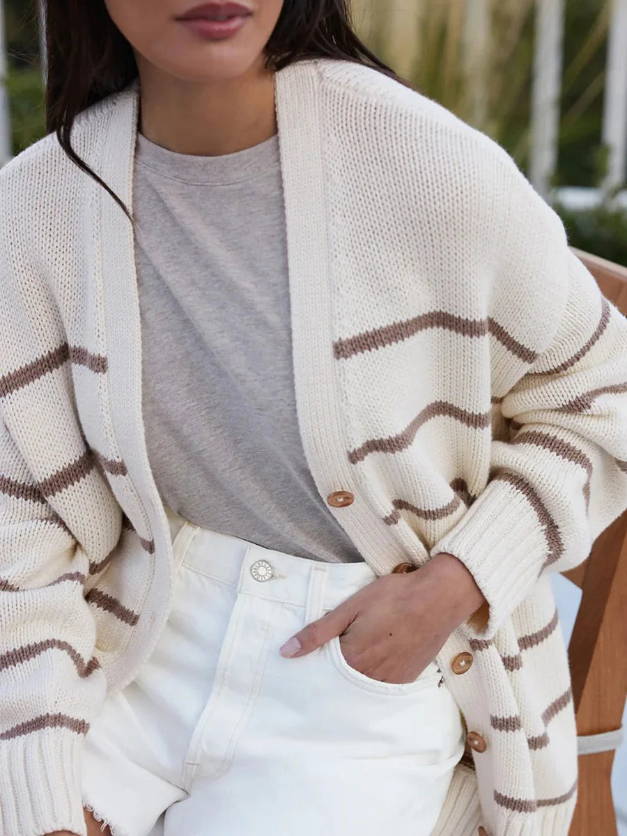 Women’s Striped Knit Cardigan V Neck Cotton Loose Fit