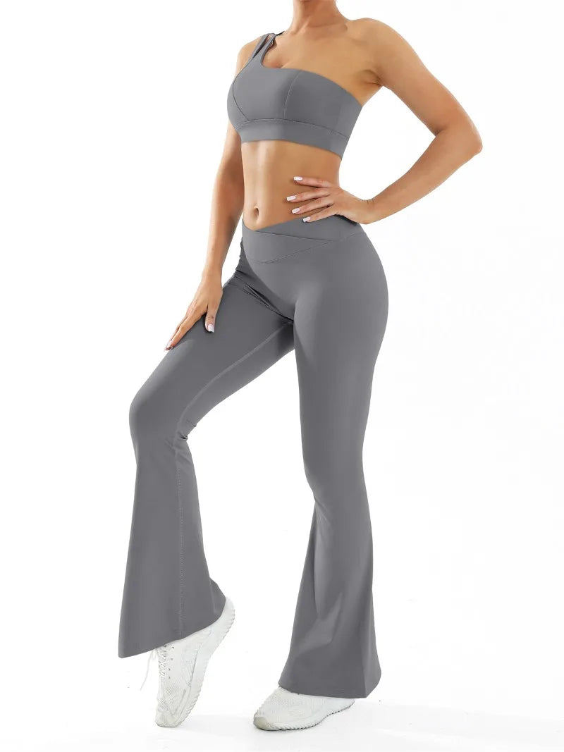 Women’s Seamless Yoga Set Naked Sensation Single Shoulder Bra & Breathable Quick-Dry Slim Pants