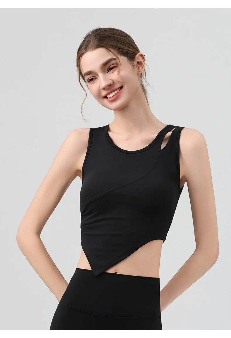 High Strength Women Yoga Irregular Lower Hem Shoulder Hollow Out Tank Top