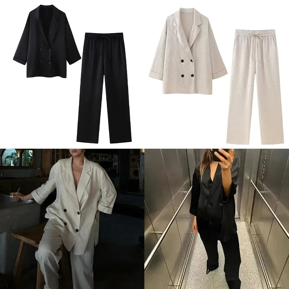 Women Autumn Wrinkle Double Breasted Blazer And Pants Suit