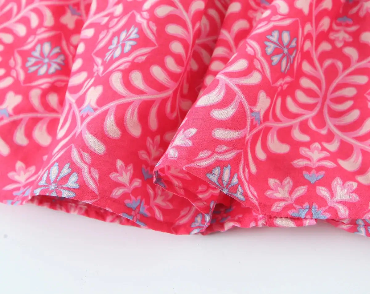 Women Elegant V Neck Floral Print Casual Shirt Midi Dress