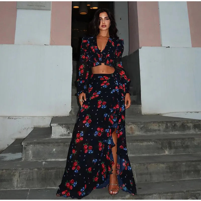 Printed Shirt Ruffles Split Skirt Sets Women