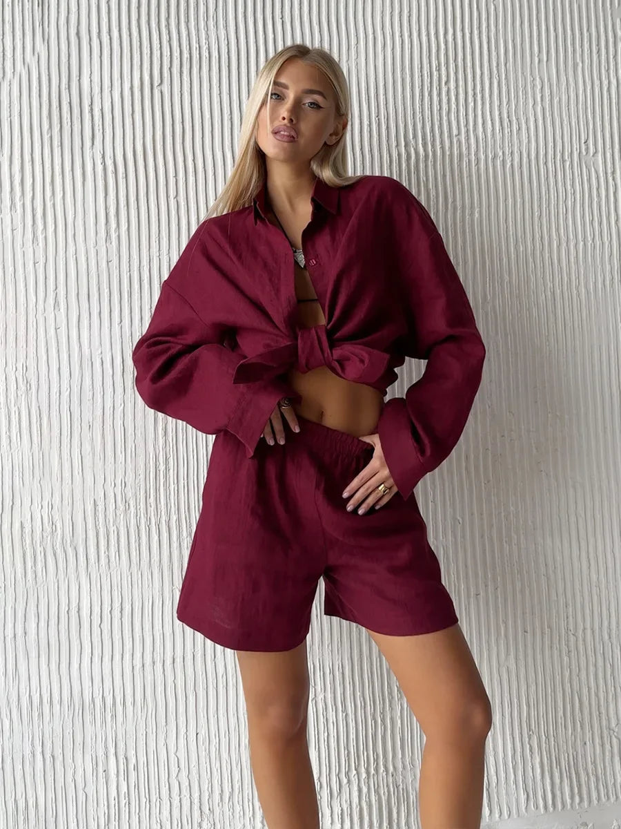 Women's Casual Shorts Sets 100% Cotton Solid Color Cozy Lapel - Norellé