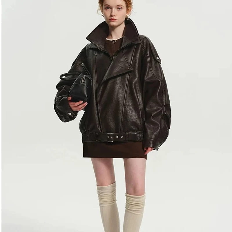 Retro PU Leather Stand Collar Jacket Women