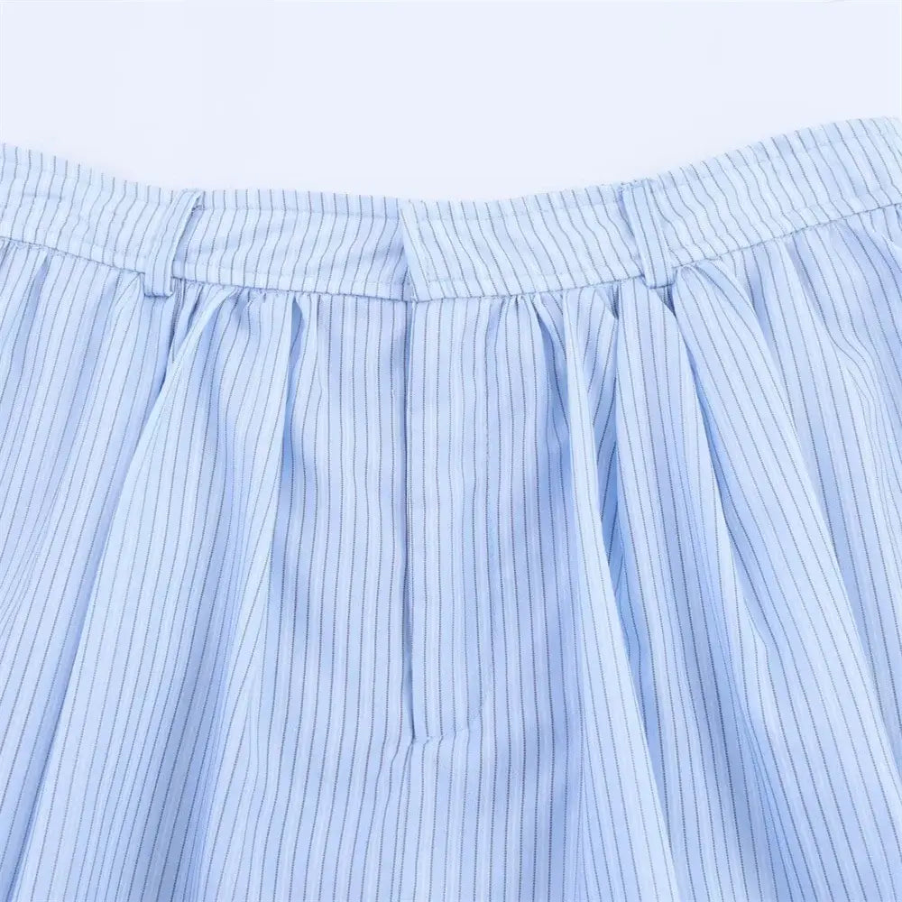 Women’s Lace Detail Striped Short Shirt Fluffy Mid Waist Skirt Pants Set