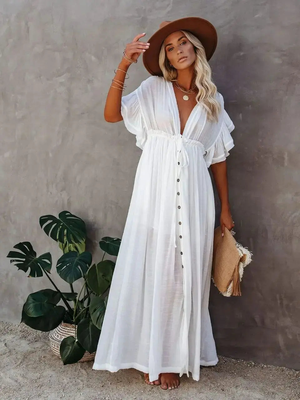 Long Bikini Cover Ups for Women Solid V-Neck Kimono Beach - Norellé