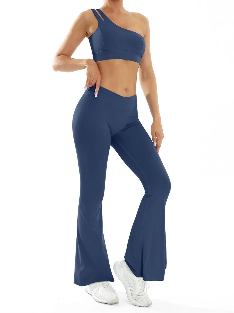 Women’s Seamless Yoga Set Naked Sensation Single Shoulder Bra & Breathable Quick-Dry Slim Pants