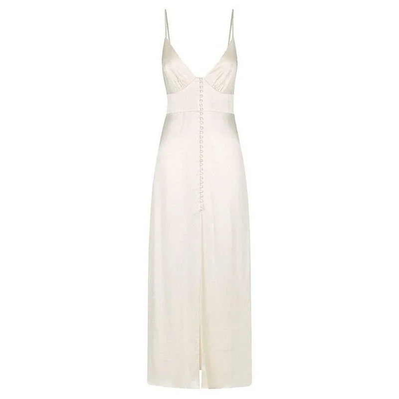 Women's Vintage Solid Silky Sleeveless Deep V -Neck High Waist Long Dress - Norellé