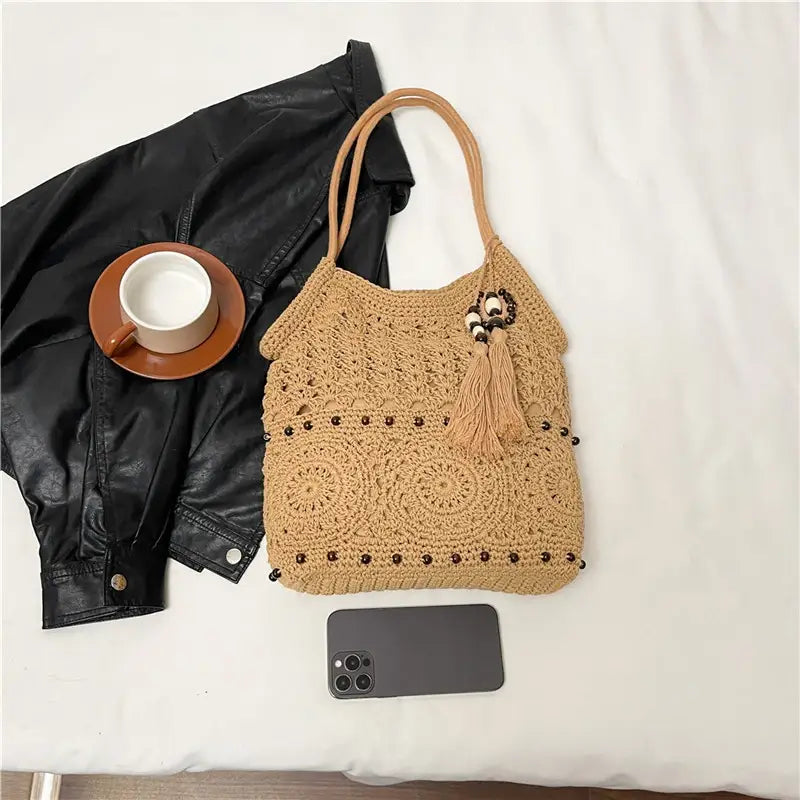 Weave Handbag Large Capacity Shoulder Bag Hollow out Tote