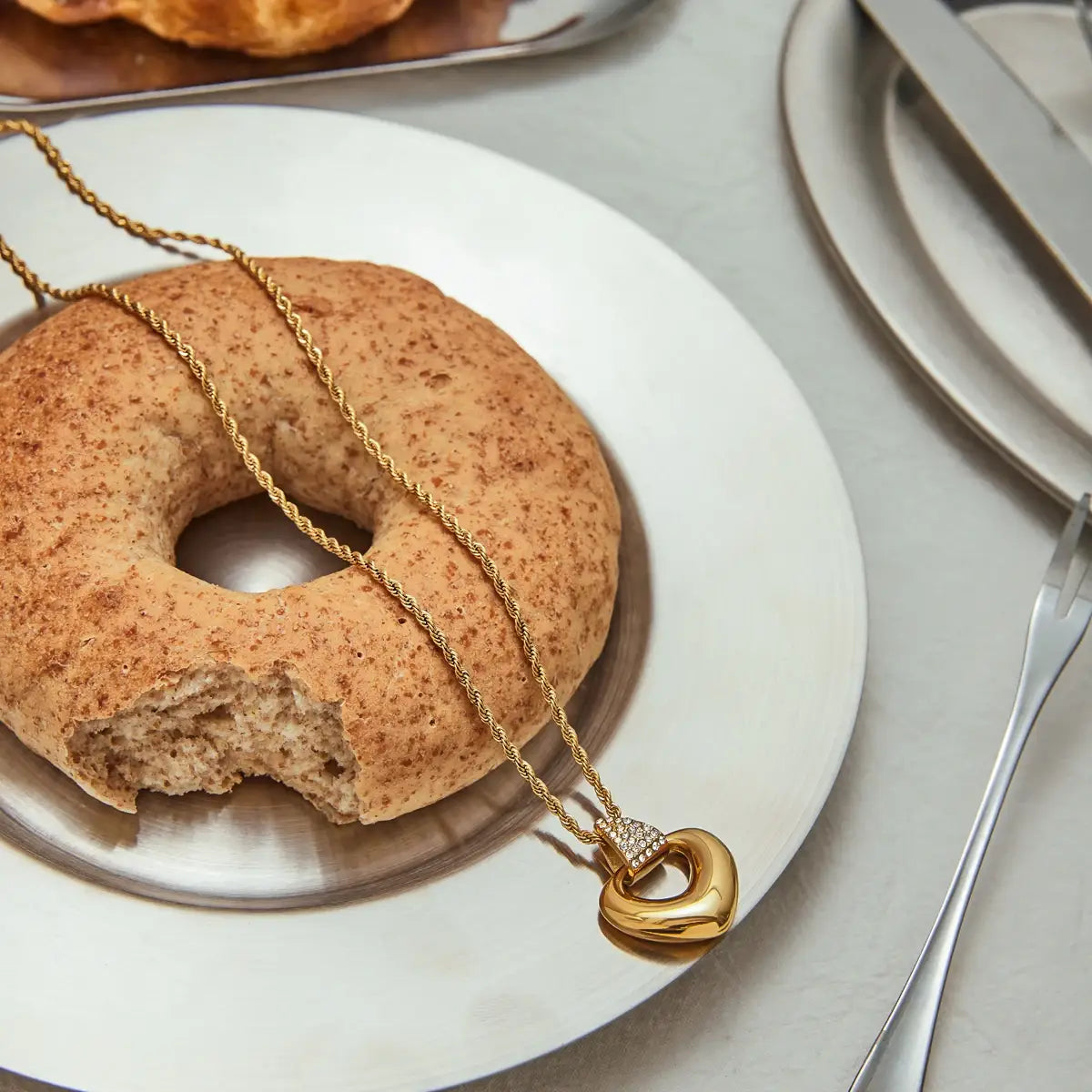 Stainless Steel Rhinestone Heart Hollow Pendant Necklace