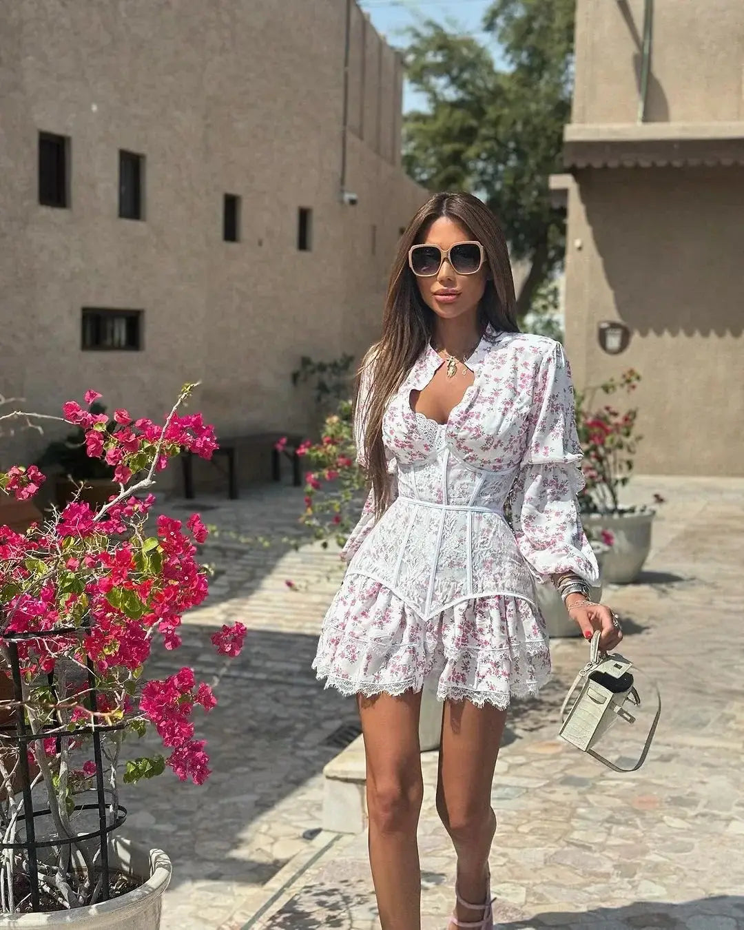 V-Neck Printed Mini Lace Dress Female Ruffled High Waist Long Sleeve