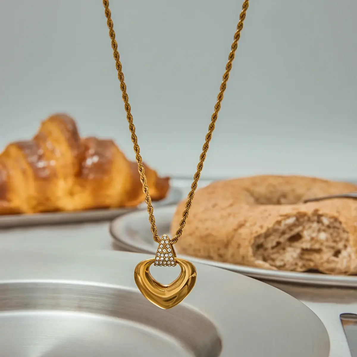 Stainless Steel Rhinestone Heart Hollow Pendant Necklace