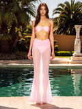 3 Piece Bikini Set  Pink Swimwear Halter Bathing Suit with Sheer Skirt - Norellé