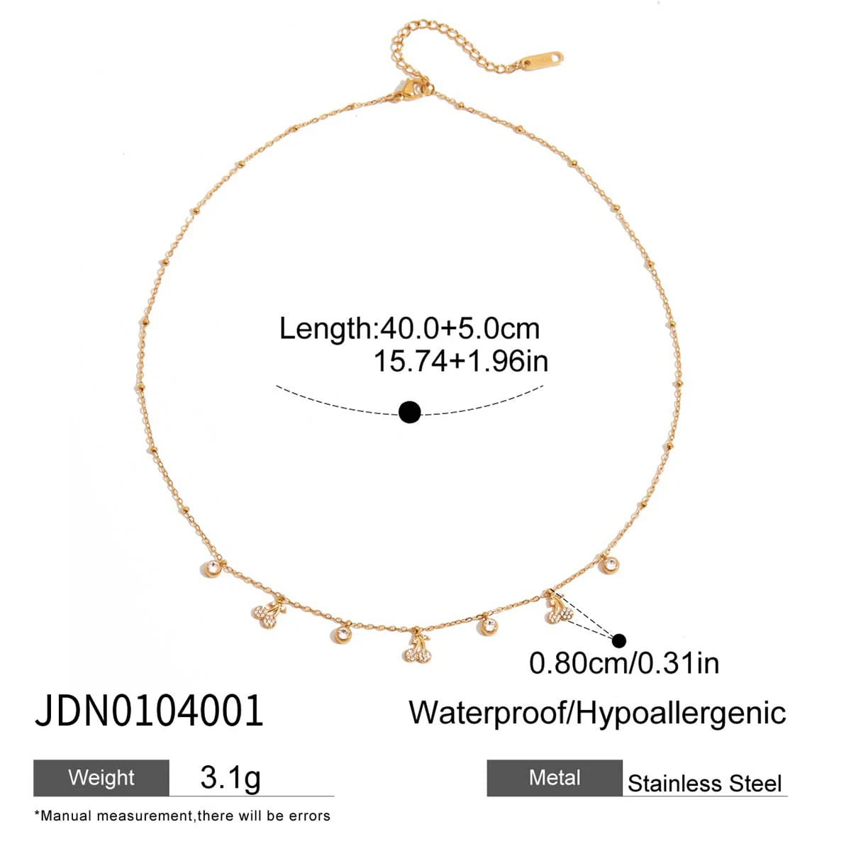 Stainless Steel White Rhinestone Cherry Pendant Necklace