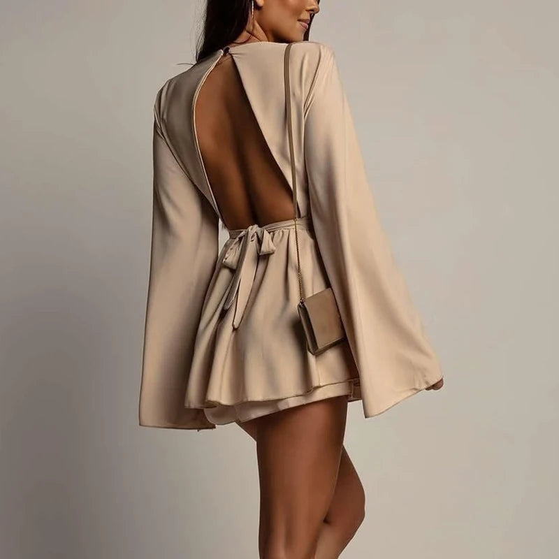 Flare Sleeve Backless Hollow Bow Dress