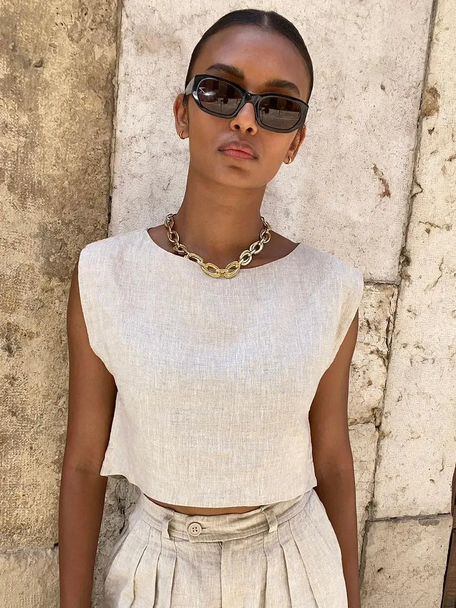 Cotton Linen Vest Pants Set Women