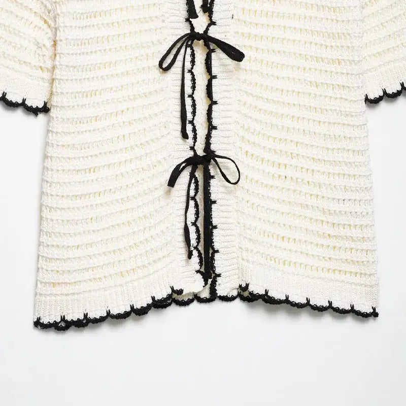 Women Beige Bow Lace Up Knitted Sweater