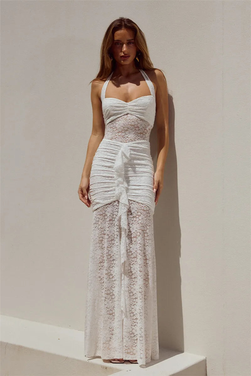 Lace Draped Ruched Maxi Dress Women