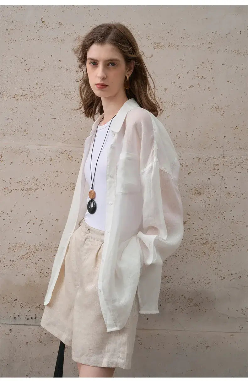 Women’s Lapel Long-Sleeved White Casual Loose Blouse