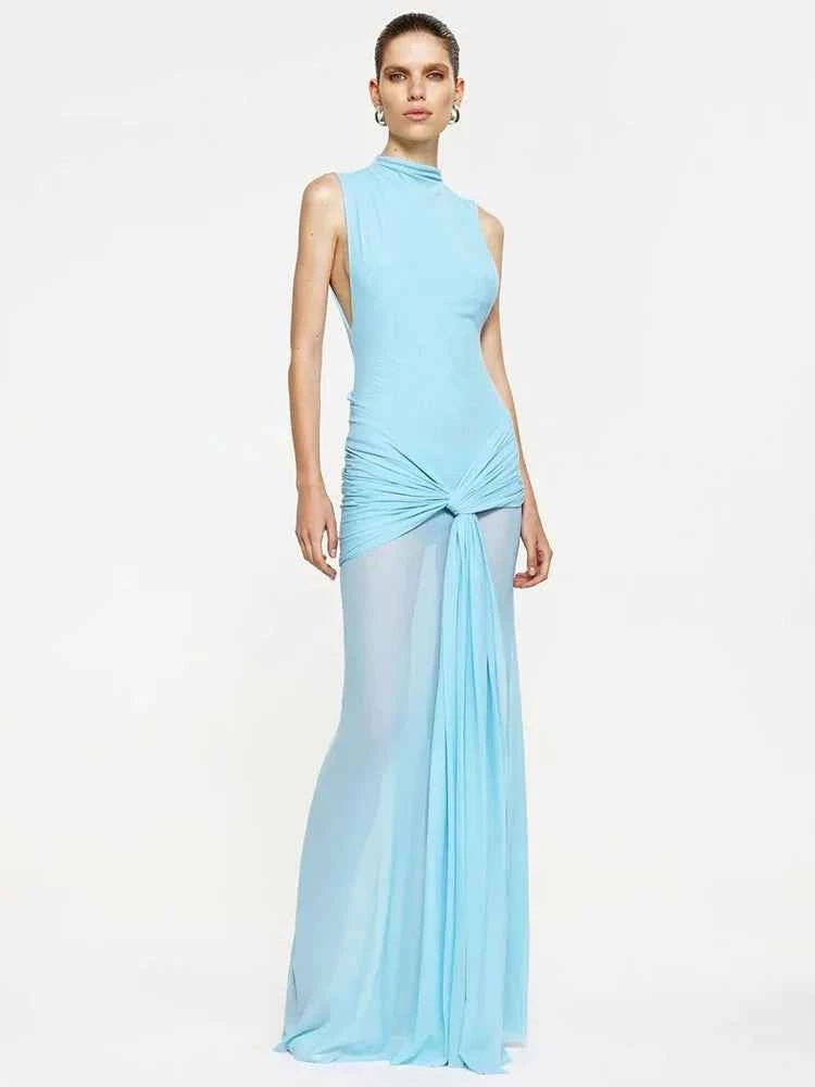 Draped Ruched Mesh Long Dress For Women