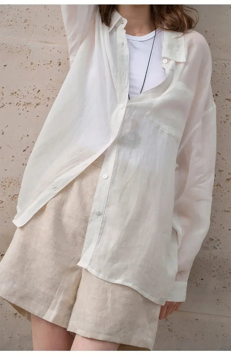 Women’s Lapel Long-Sleeved White Casual Loose Blouse