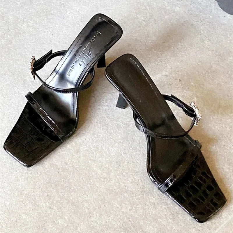 Rhinestone Buckle Women Sandals Square Toe