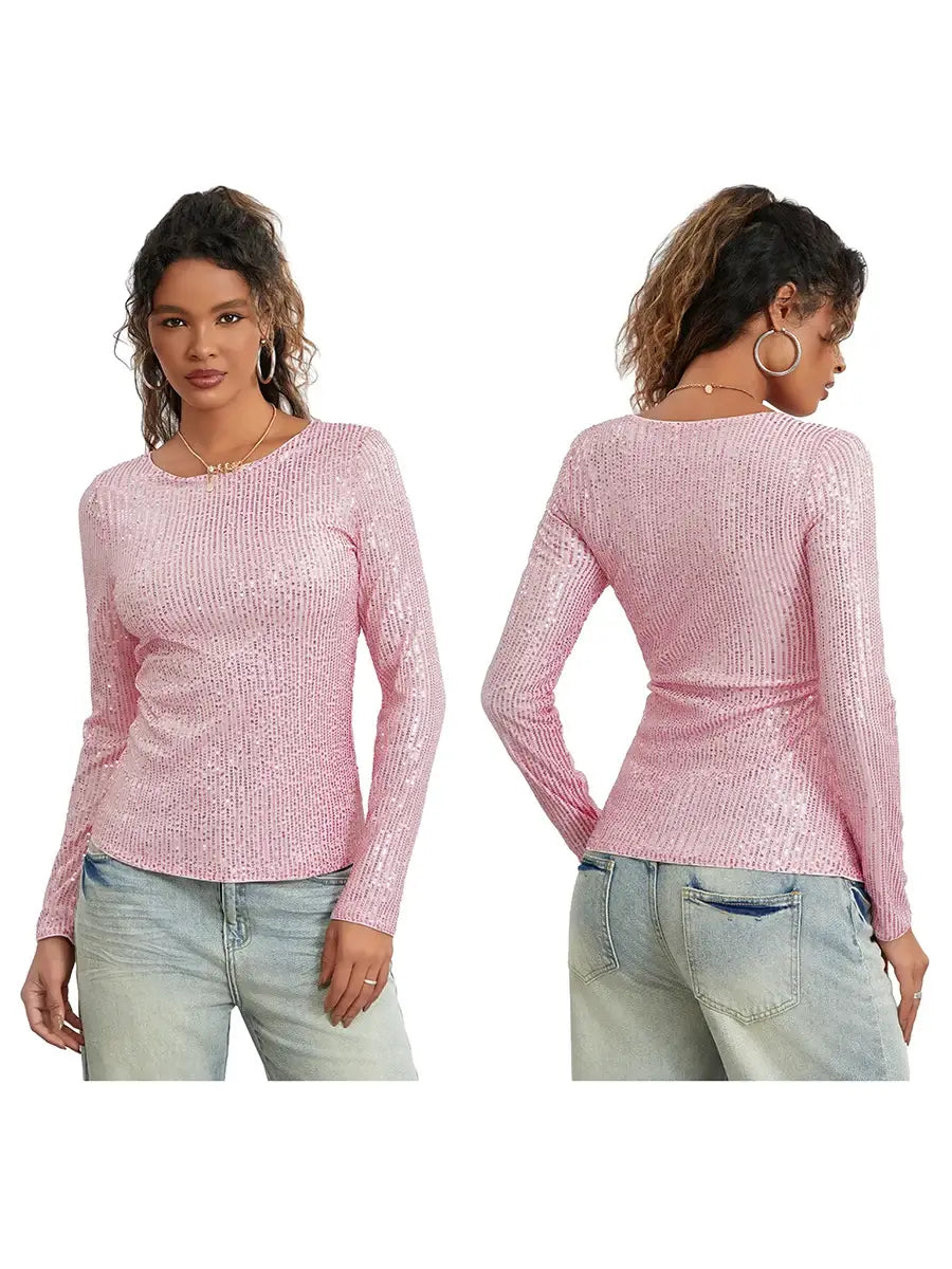 Women Long Sleeve Cropped Top Sequin Basic T-shirt