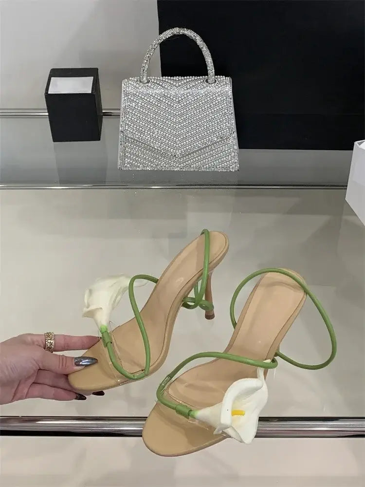 Sexy PVC Transparent Flower Narrow Band Women Sandals