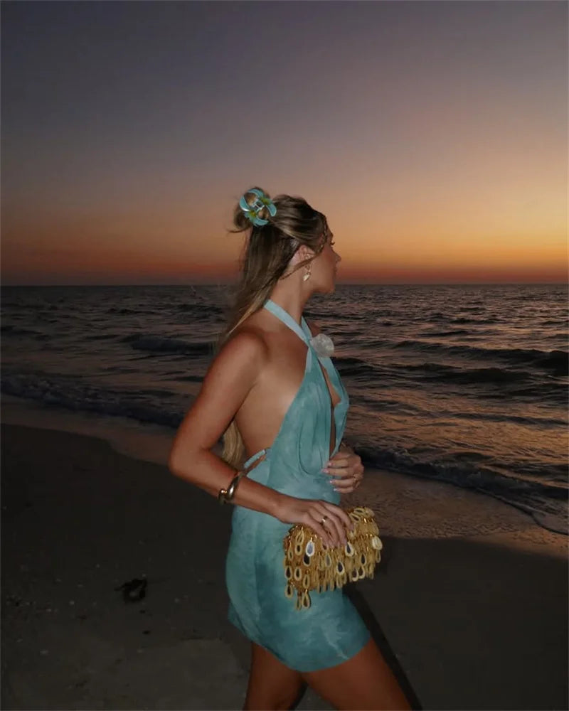 Tie Dye Halter Backless Mini Dress Women