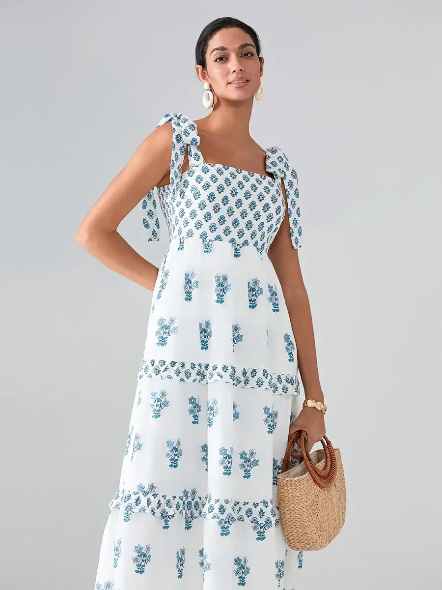 Flower Print Tie Strap Swing Dress Women A-Line Square Neck