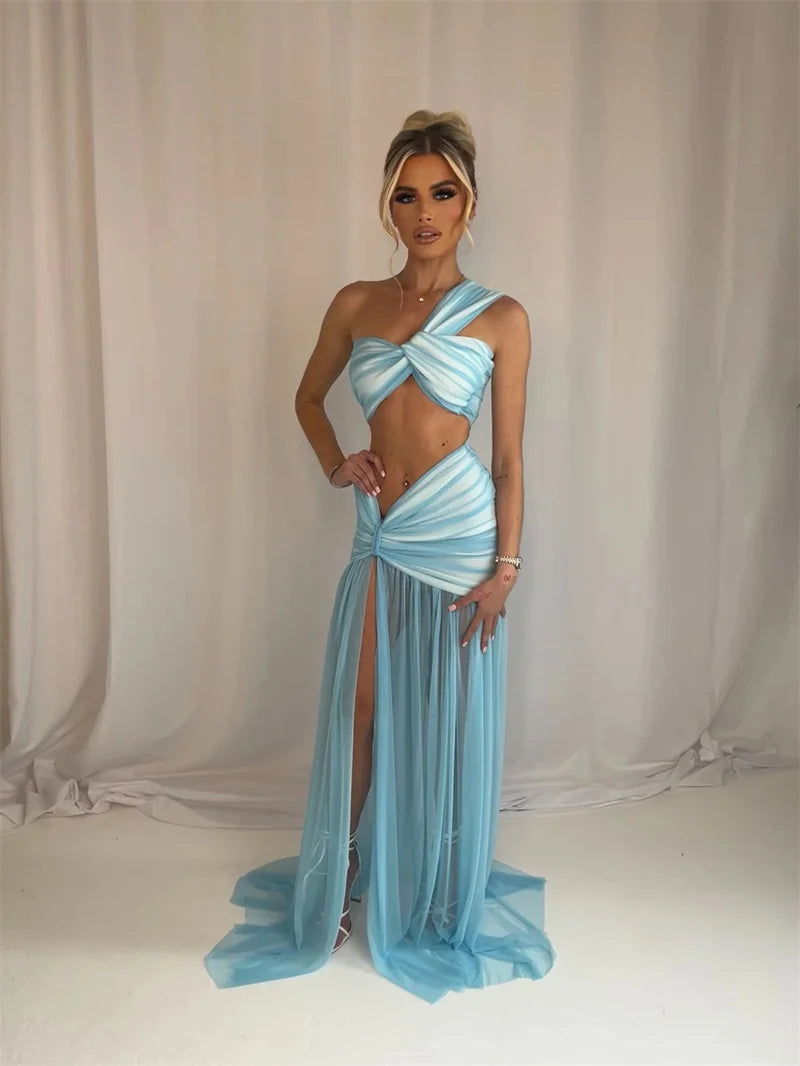 Summer Skirt Two Piece Sets Women One Shoulder Crop Top And Maxi