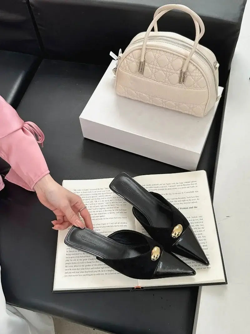 Metal Buckle Fashion Pointed Toe Mules