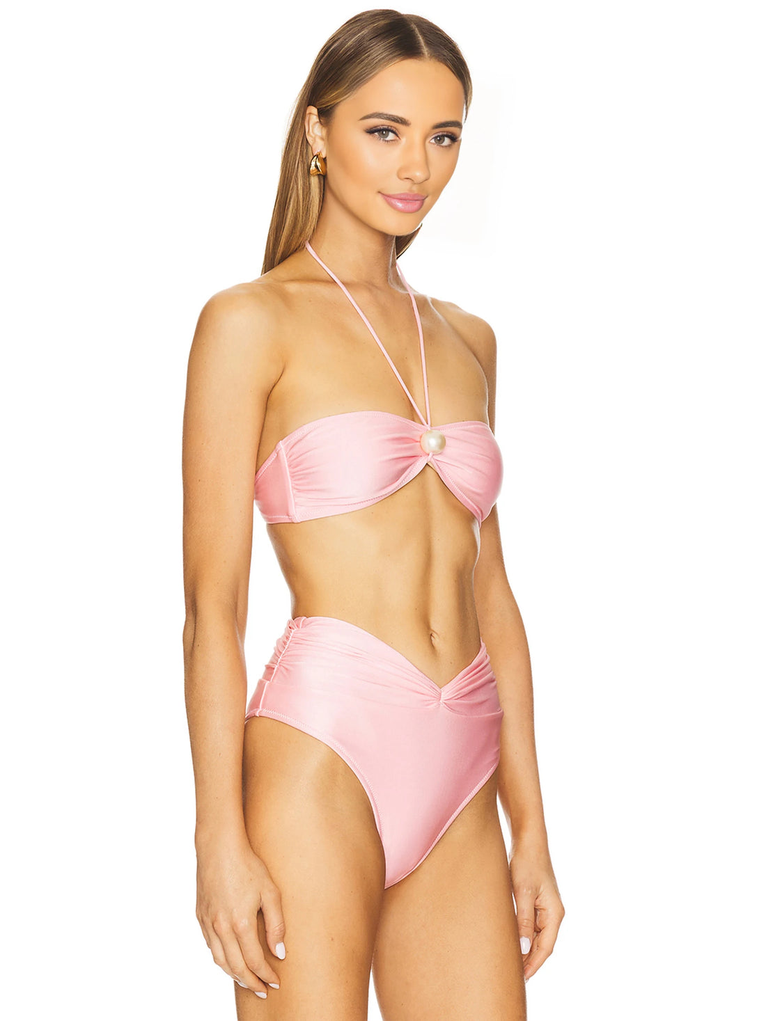 3 Piece Bikini Set  Pink Swimwear Halter Bathing Suit with Sheer Skirt - Norellé