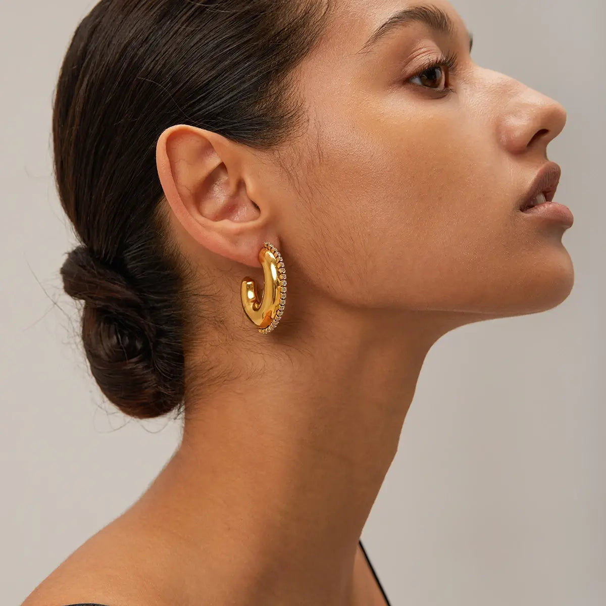 Delicate Rhinestone Inlay Stainless Steel Hoop Earrings