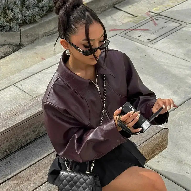 Vintage Wine Red Loose Short Leather Jacket Women