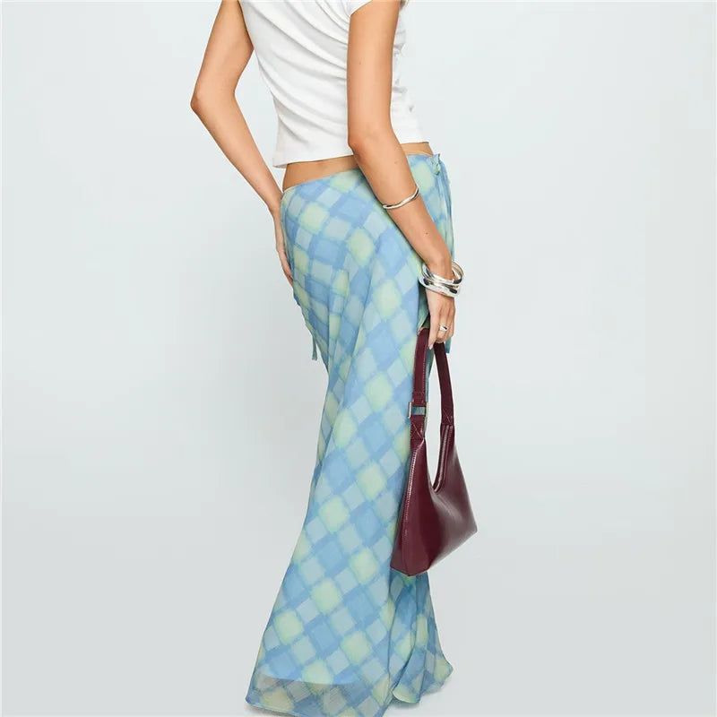 Casual Plaid Bandage Split Mesh Skirt