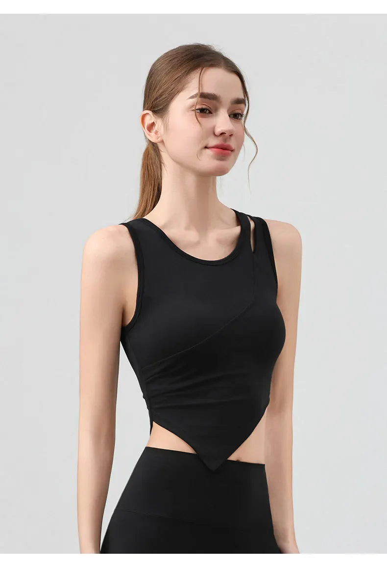 High Strength Women Yoga Irregular Lower Hem Shoulder Hollow Out Tank Top